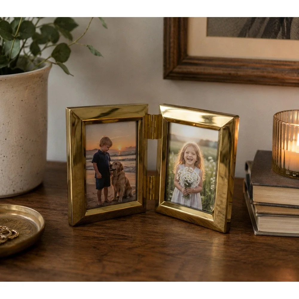 Vtg Picture Frame Gold Solid Brass Double Hinged 2.5x3.5 Windsor Browne
